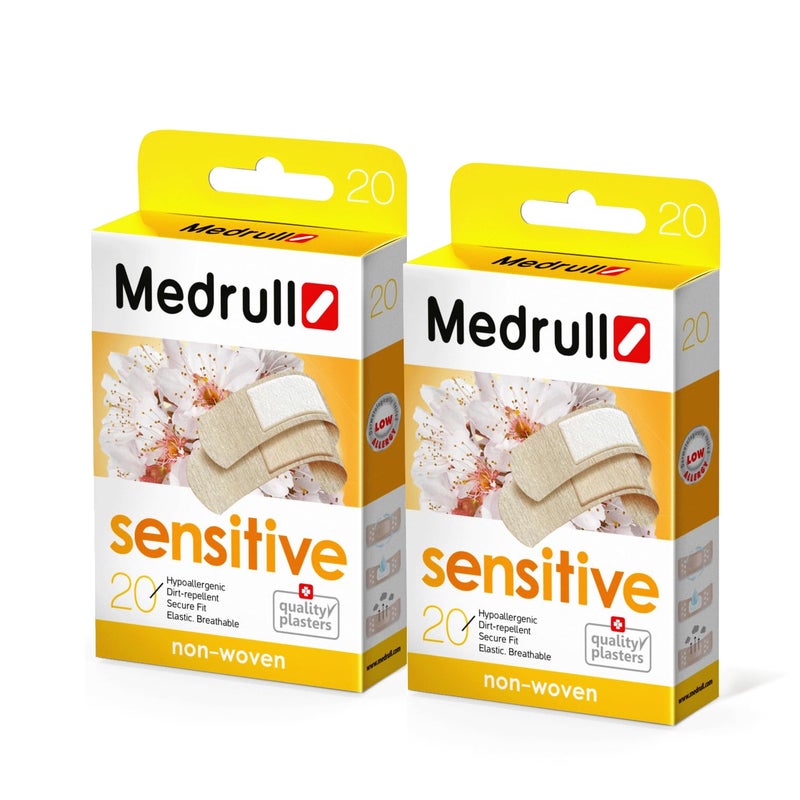 Medrull Sensitive Plaster 40 Extra Soft Strips | 2 Boxes Set: 2 x 20 Skin Color Strips | Sterile Plasters 2.5 x 5.7cm, with Non-Stick Wound Pad